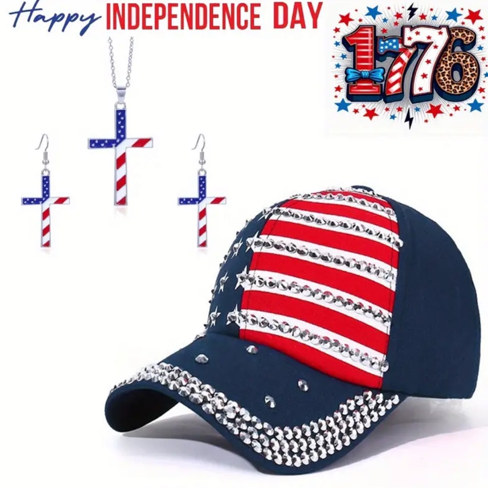 🇺🇸 1 Patriotic Rhinestone Baseball Cap - American Flag Star & Stripe - Picture 3 of 6